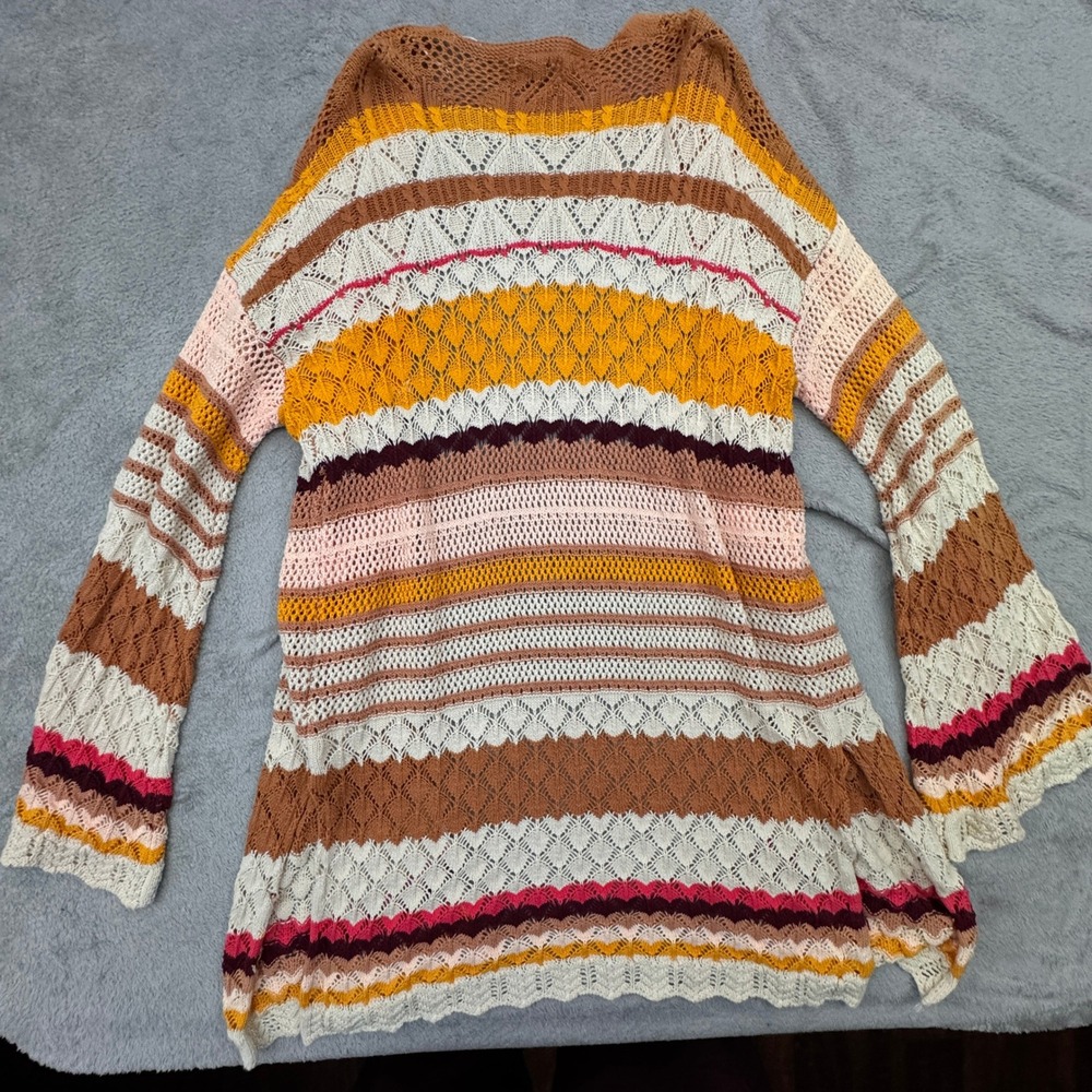 Umgee USA Boho Striped Crochet Duster Cardigan Bell Sleeve Women S Oversized - Picture 11 of 11